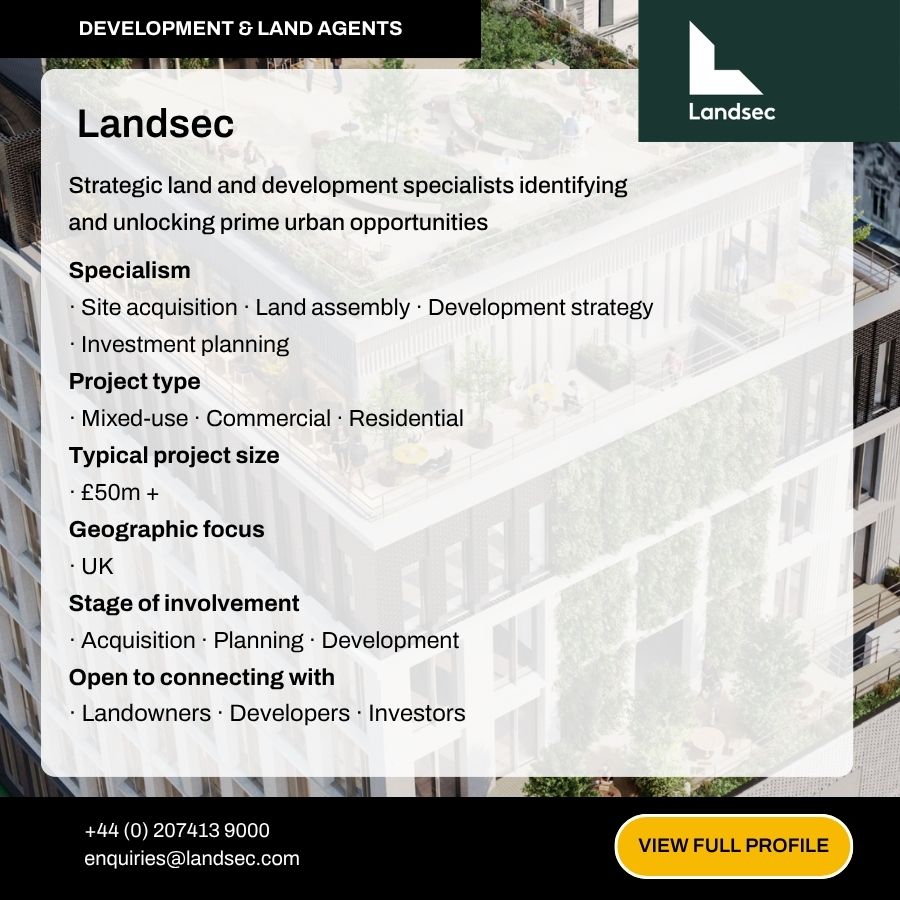 Landsec development and land agents profile card showcasing UK specialism in site acquisition, land assembly, and investment planning.