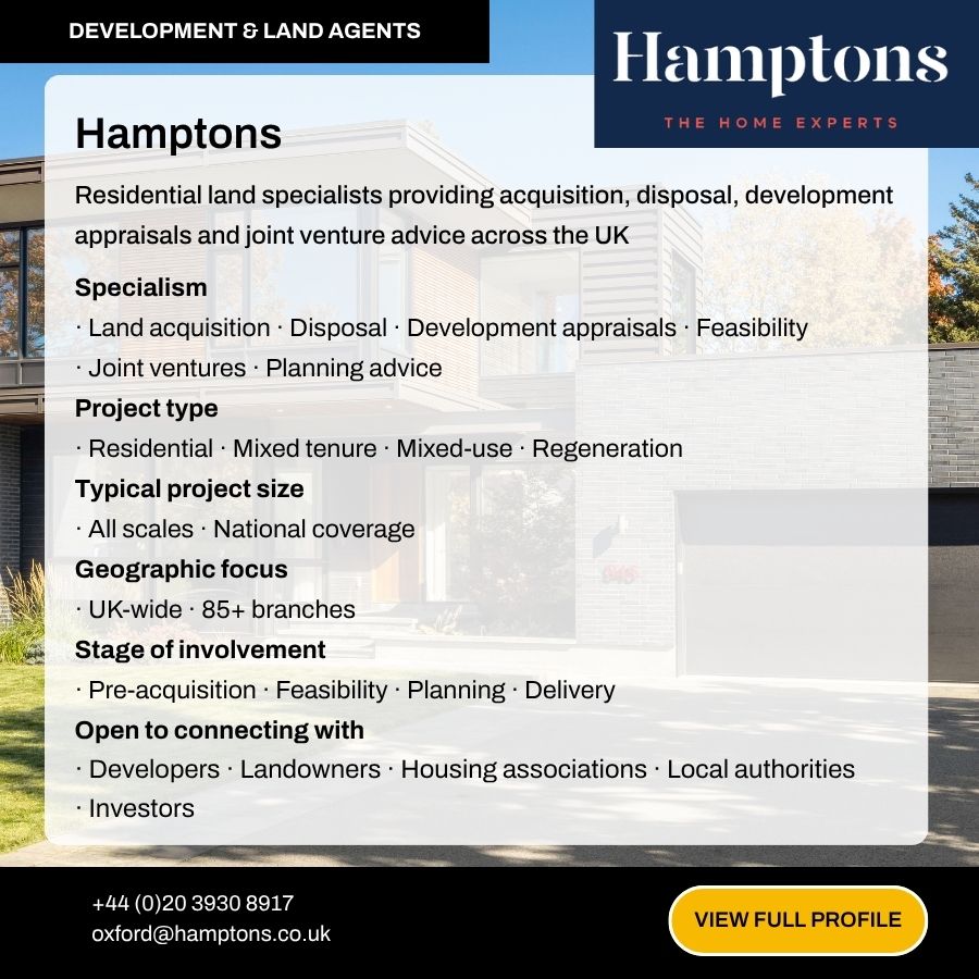 Hamptons residential land specialists profile card showing services, specialisms, and contact details for UK development and land agents.