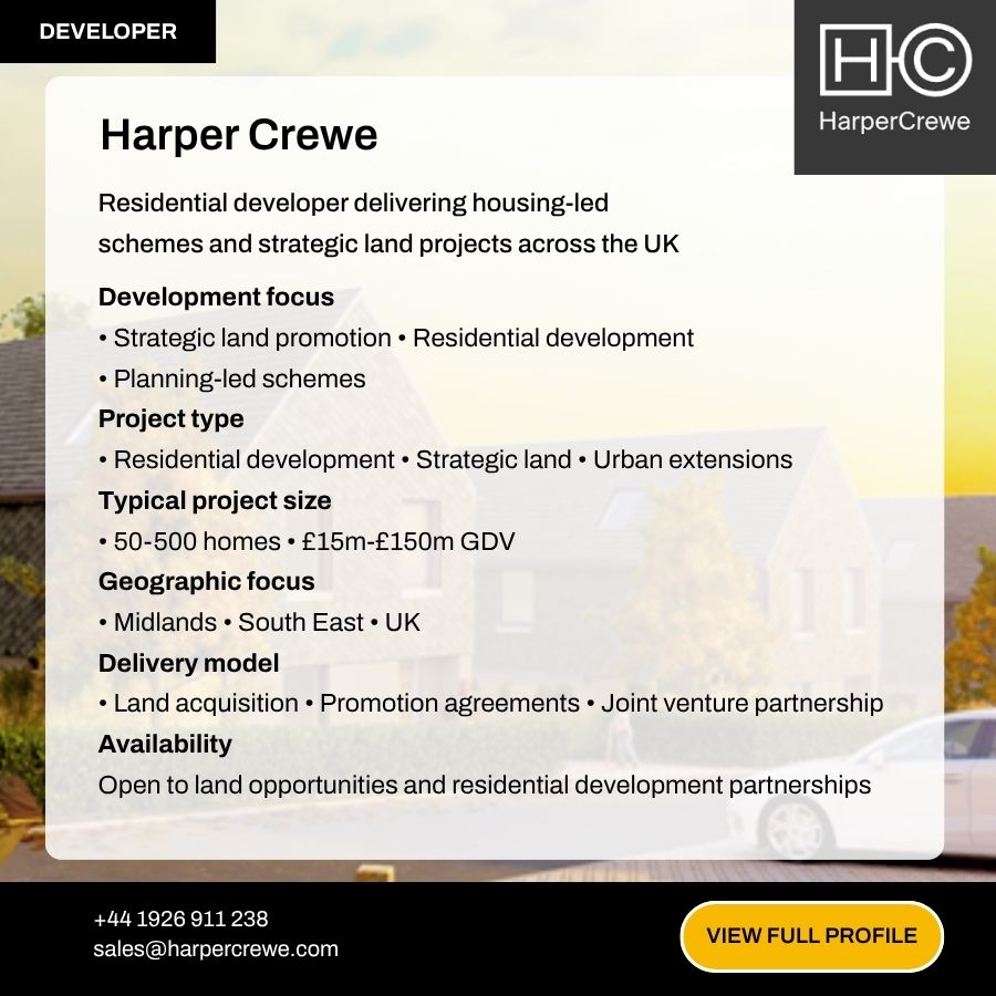Harper Crewe residential developer profile card showing services, project types, and contact details for UK housing schemes.