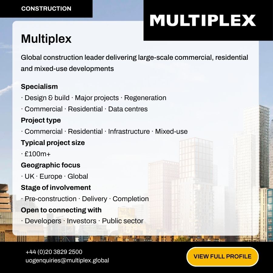 Multiplex construction company profile card highlighting global large-scale commercial, residential, and mixed-use development specialisms.