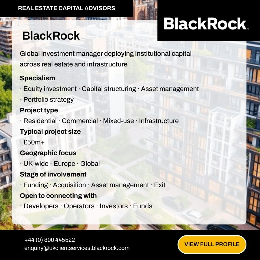 BlackRock Real Estate Capital Advisors profile card showing investment specialisms, project types, and contact details.