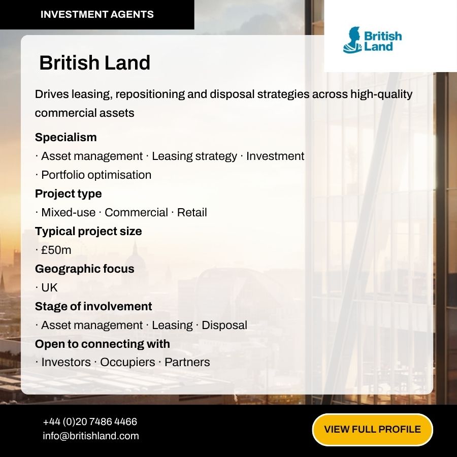 British Land investment agent profile card detailing asset management, leasing strategy, and UK commercial real estate services.