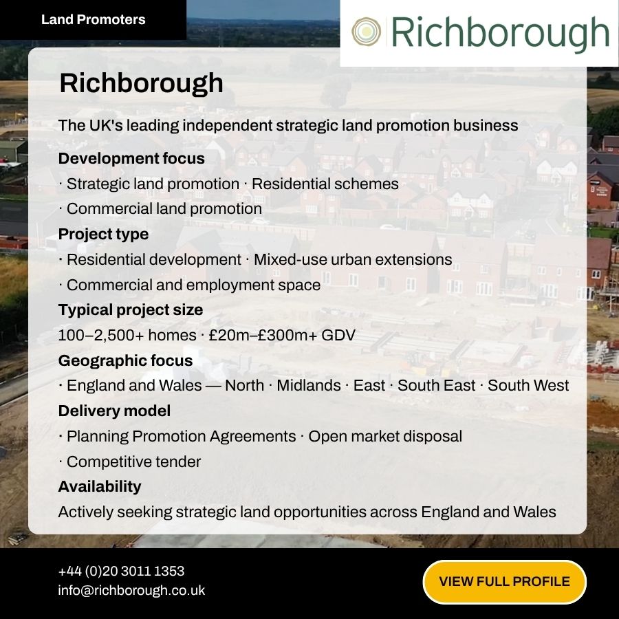 Richborough land promoters profile card showing UK strategic land promotion services, project types, and contact details.