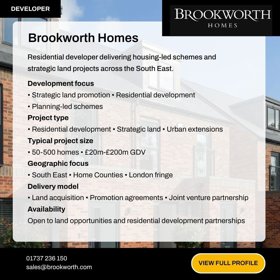 Brookworth Homes developer profile card showcasing residential and strategic land projects across South East England.
