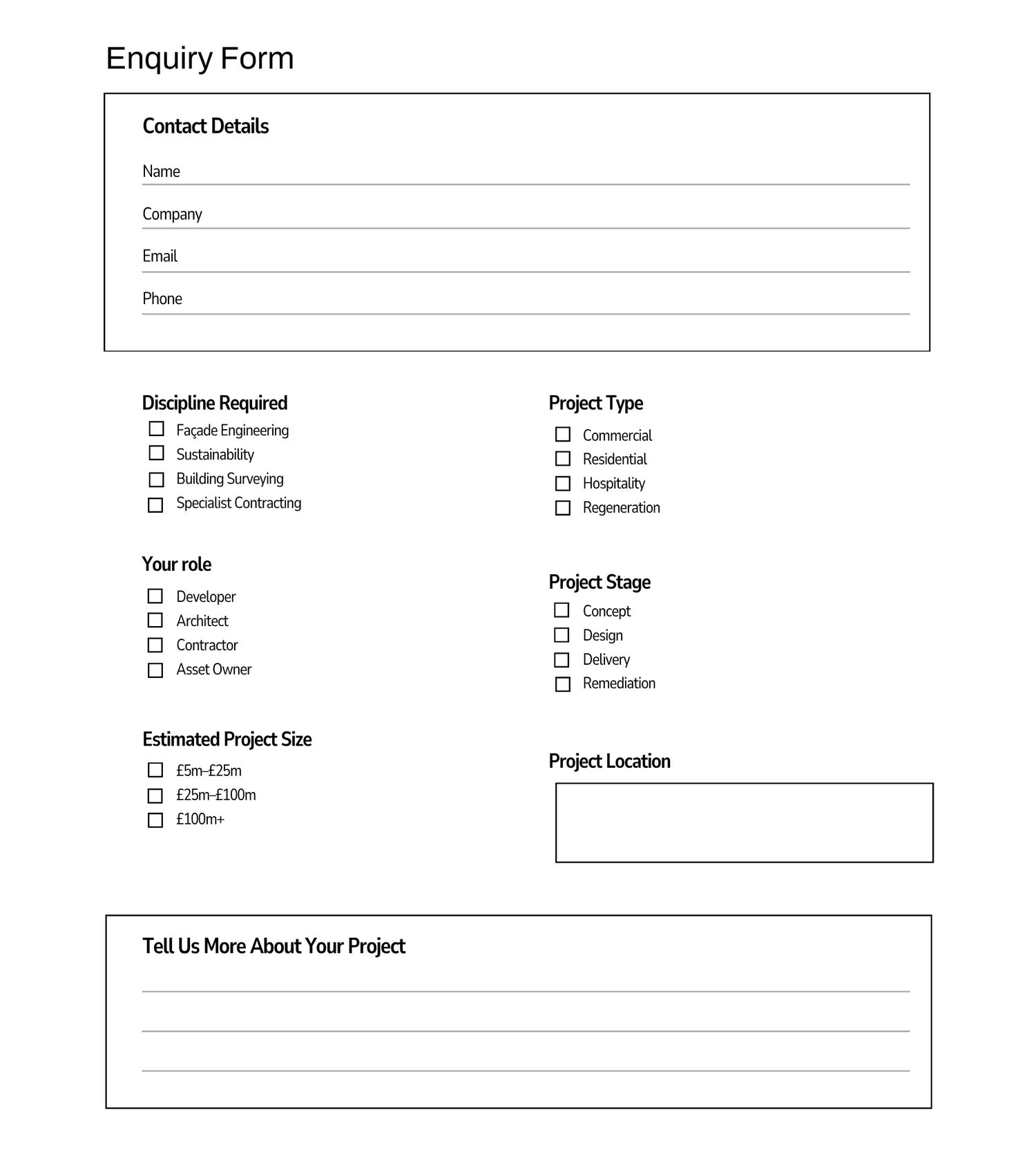 Professional enquiry form template with contact details, discipline, project type, stage, size, and location fields.