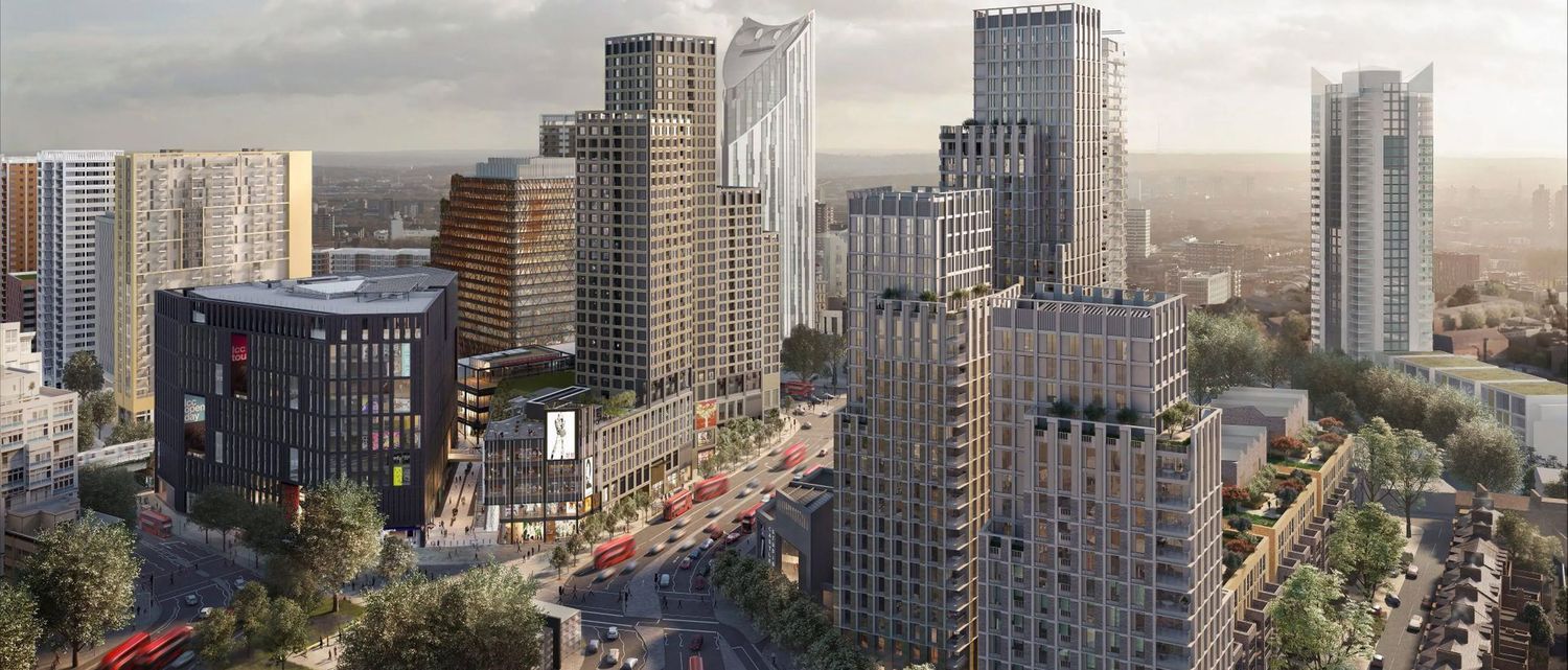Aerial rendering of a modern urban skyline featuring tall residential and commercial towers lining a busy city boulevard.