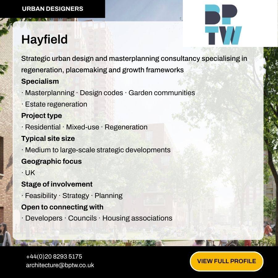 Hayfield urban design consultancy profile card showing masterplanning services, specialisms, and contact details on white background.