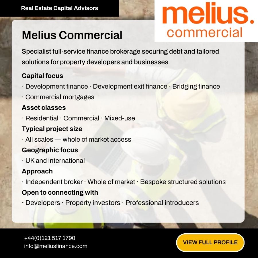 Melius Commercial real estate finance brokerage profile card showing services, asset classes, and contact details.