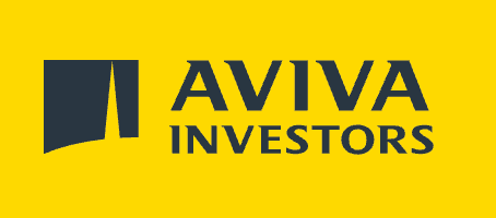 Aviva Investors logo featuring bold navy blue text on a bright yellow background with a geometric square icon.