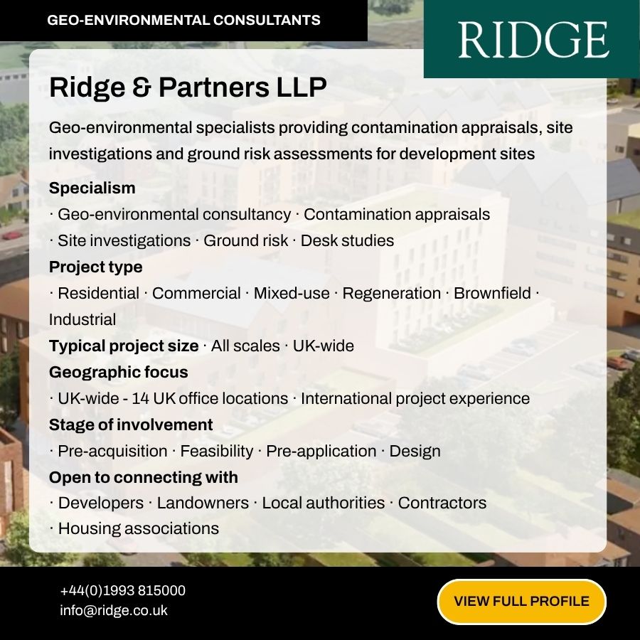 Ridge & Partners LLP geo-environmental consultants advertisement showcasing specialisms, project types, and UK-wide services.