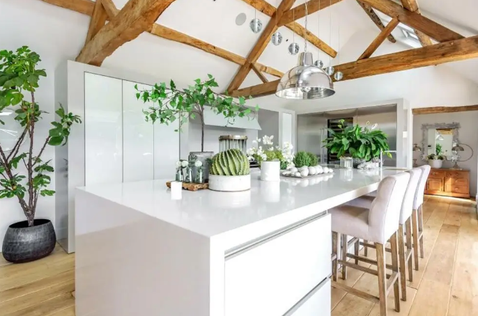 Modern white kitchen with large island, bar stools, exposed wood beams, and lush green plants on light hardwood floors.