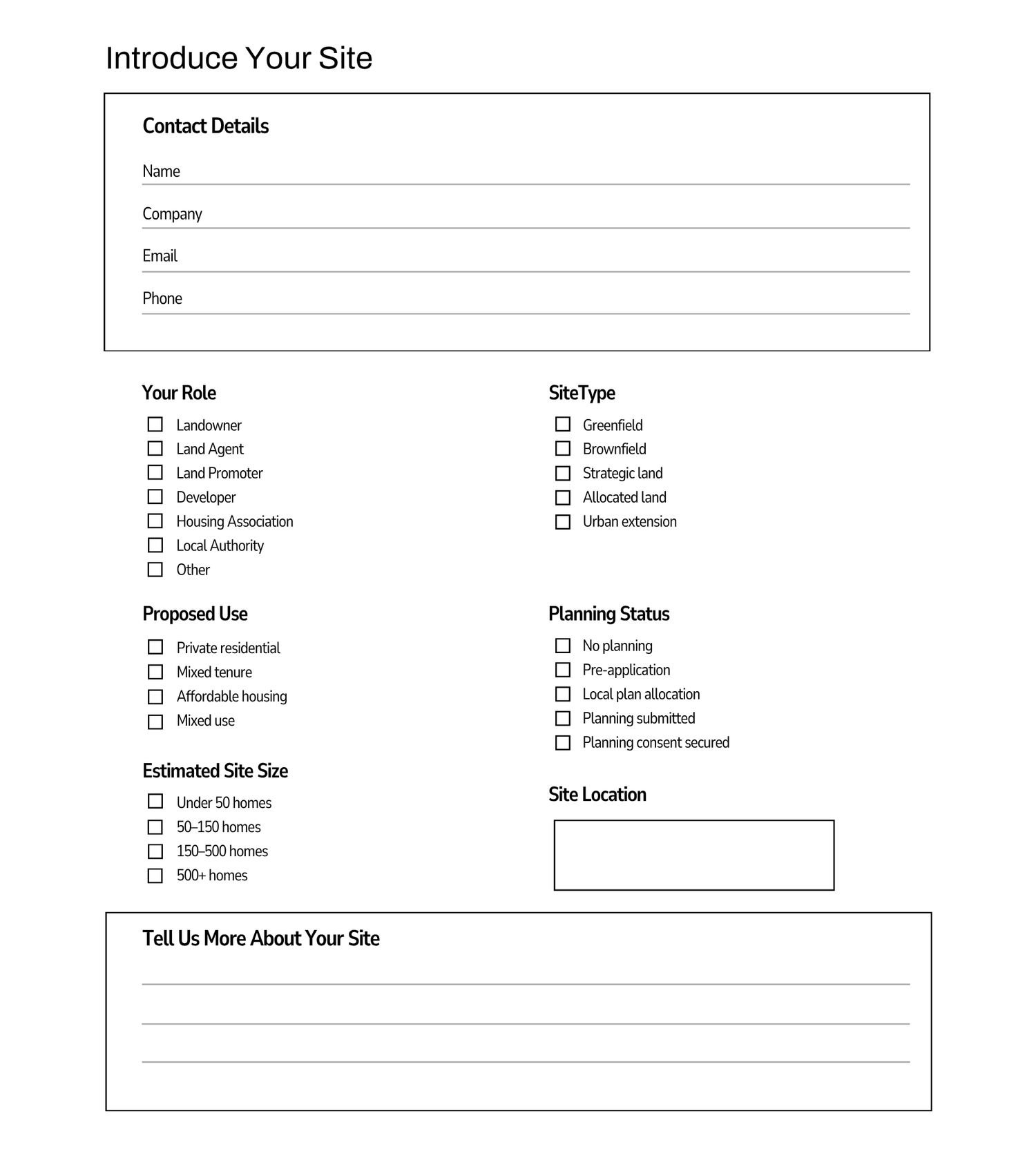 A site introduction form with fields for contact details, role, site type, proposed use, planning status, estimated size, and location.