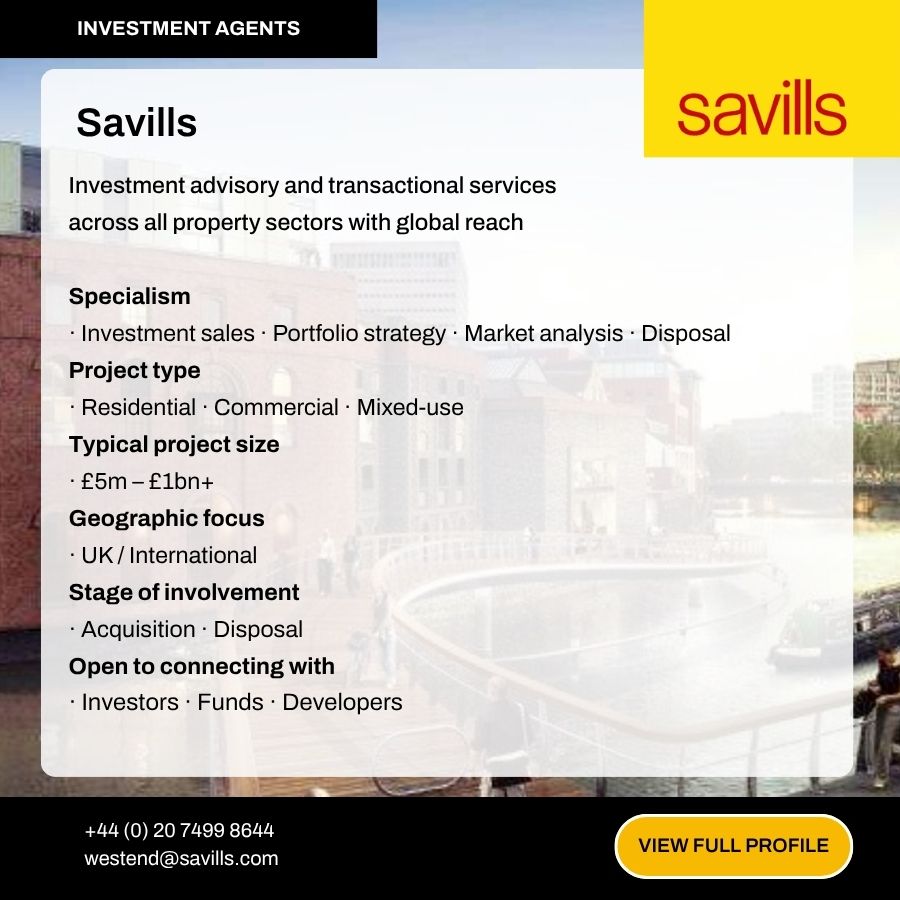 Savills investment agents profile card showing specialisms, project types, and contact details for UK and international property services.