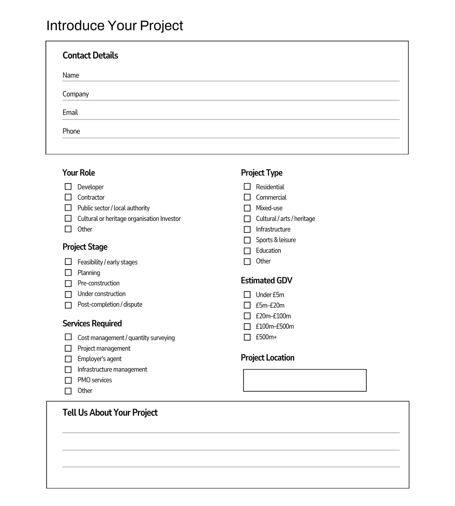 A project introduction form with fields for contact details, role, project stage, services, type, GDV, and location.