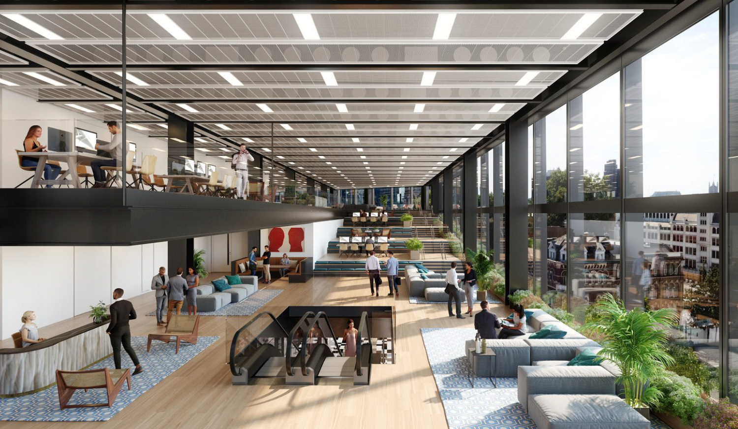 Modern open-plan office atrium with floor-to-ceiling windows, multi-level workspace, lounge seating, and lush indoor plants.