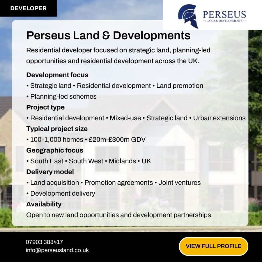 Perseus Land & Developments residential developer profile card showing services, project types, and contact information.