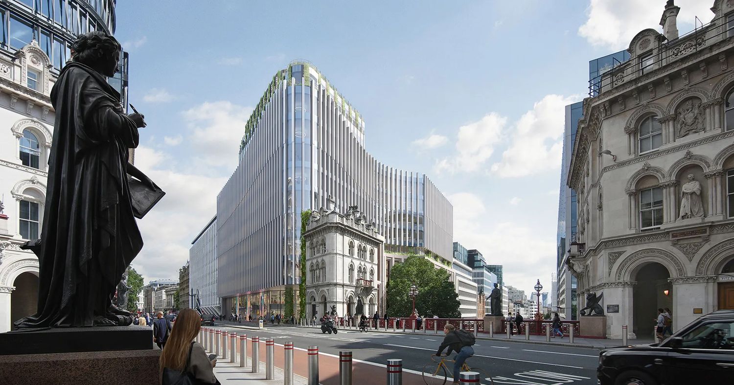 Modern glass office building development in London city street with historic architecture and pedestrians.