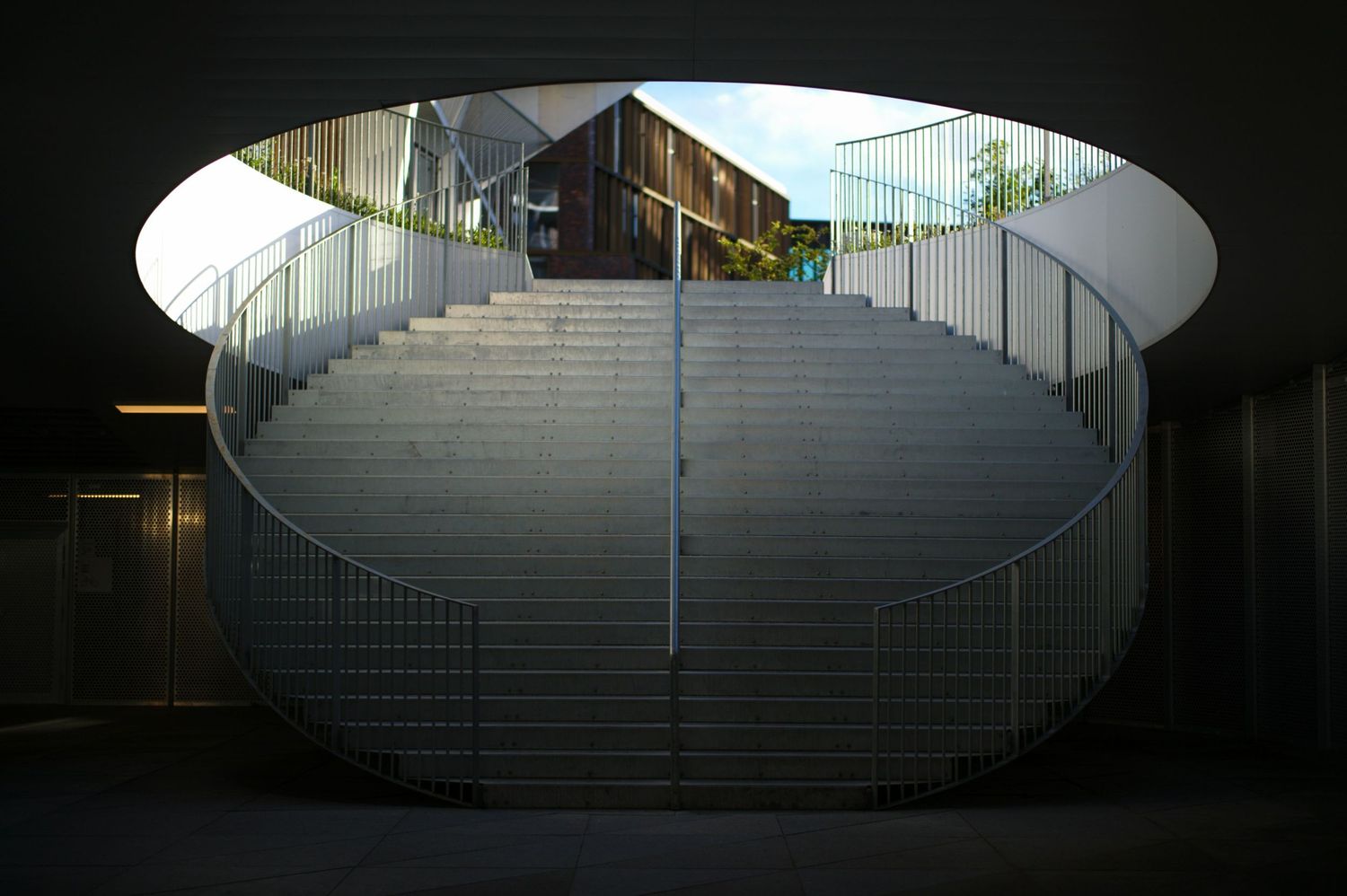 Modern architectural staircase with oval opening, metal railings, and symmetrical concrete steps leading to outdoor area.