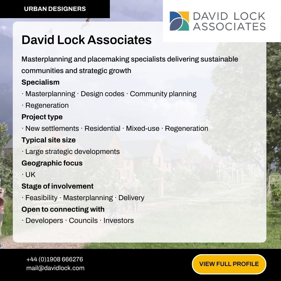 David Lock Associates urban design firm profile card showing masterplanning services, specialisms, and UK contact details.