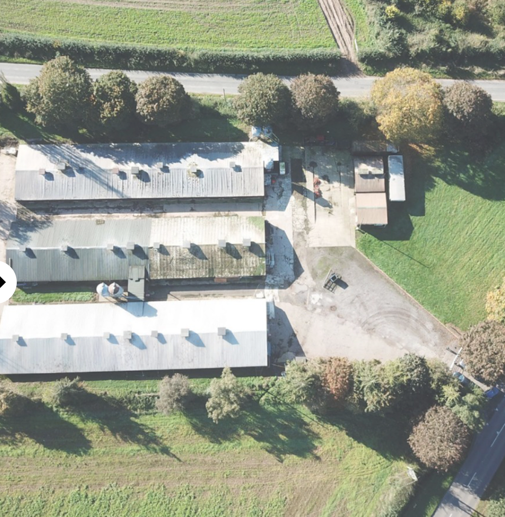 Aerial view of a rural farm complex with long white agricultural buildings surrounded by green fields and trees.