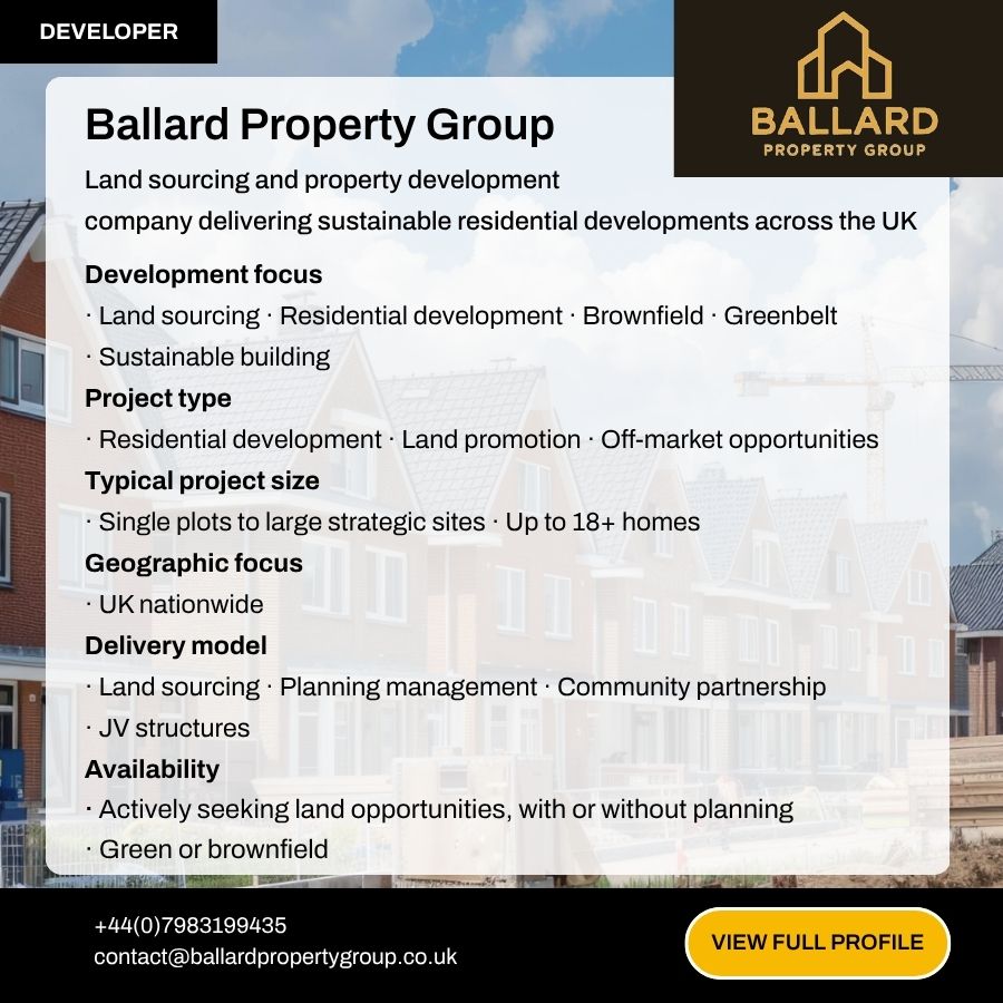 Ballard Property Group developer profile card showing land sourcing services, project types, and UK nationwide delivery model details.