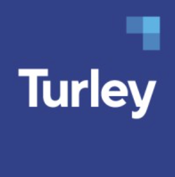 Turley company logo featuring white text on a blue background with a teal geometric square icon in the top right corner.