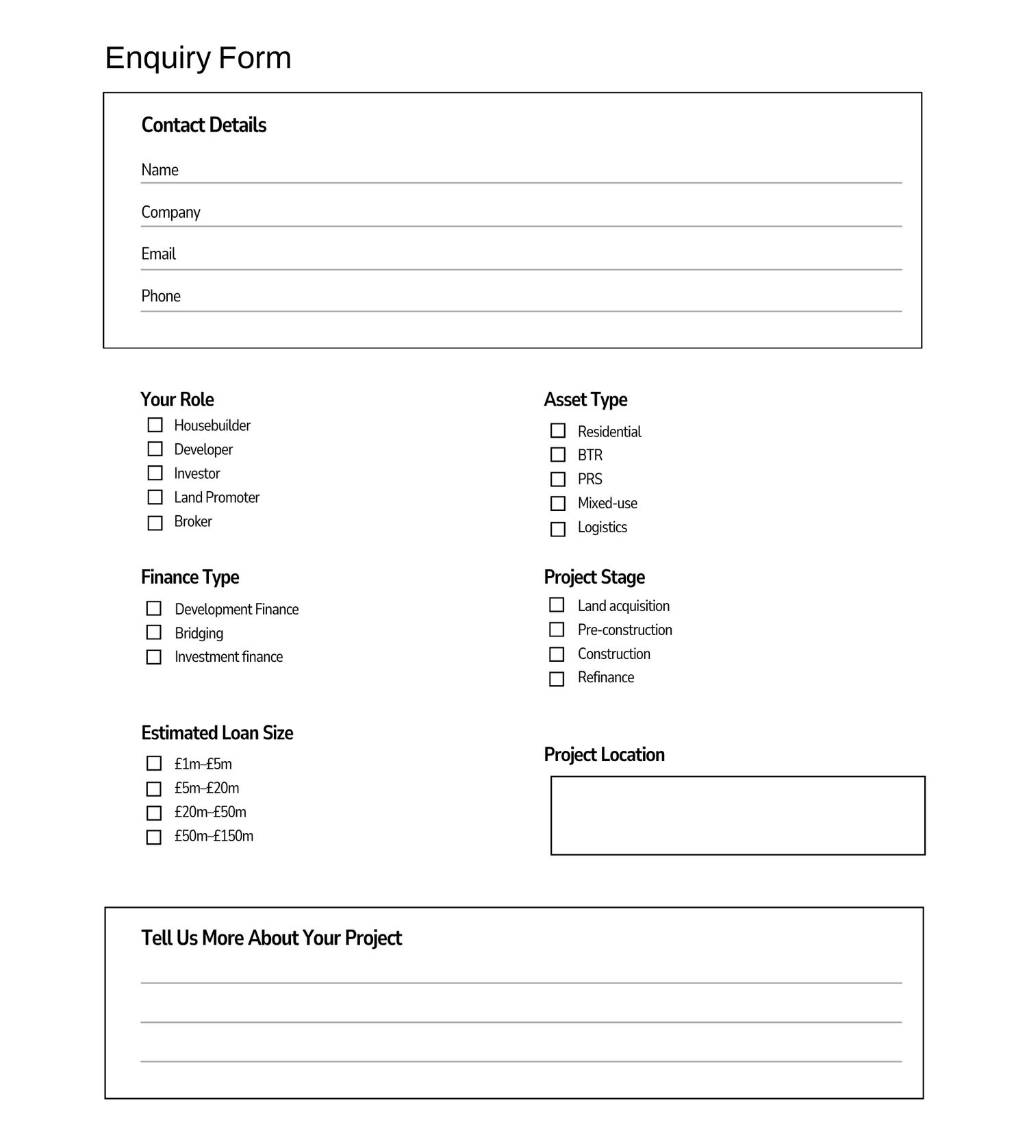 Blank enquiry form with contact details, role, finance type, asset type, project stage, and project description fields.