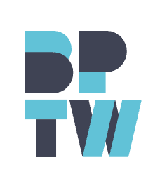 BPTW logo featuring bold teal and dark navy blue letters on a white background.