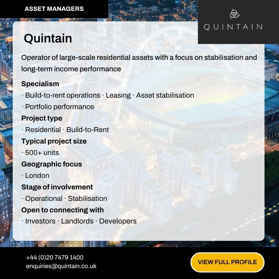 Quintain asset manager profile card highlighting build-to-rent operations, leasing, and asset stabilisation services in London.