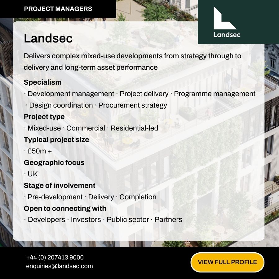 Landsec project managers profile card detailing mixed-use development services, specialisms, and UK geographic focus.
