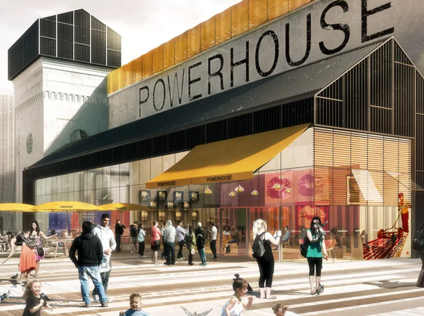 Architectural rendering of the Powerhouse museum entrance with yellow awnings, glass facade, and people walking outside.