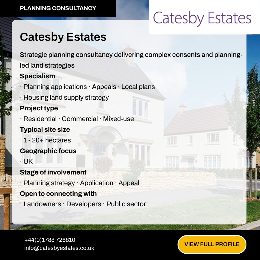 Catesby Estates planning consultancy profile card showing services, specialisms, and contact details for UK land strategy experts.