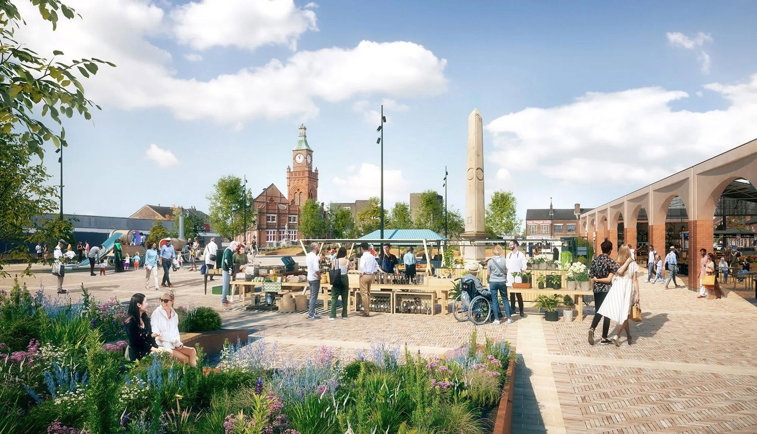 Vibrant outdoor market square with seating, lush gardens, obelisk monument, and historic church tower under a sunny sky.