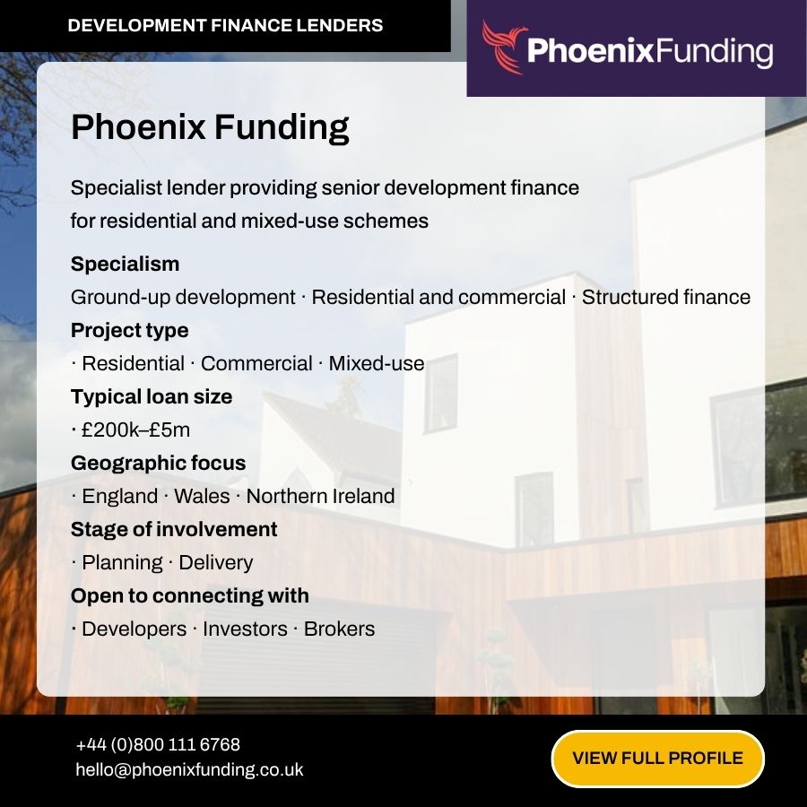 Phoenix Funding development finance lender profile card showing specialisms, loan sizes, and contact details.