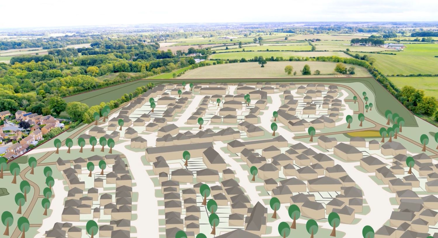 Aerial view of a planned residential housing development with tree-lined streets and green spaces in a rural setting.