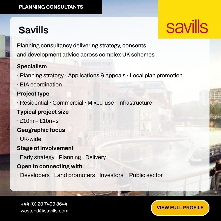 Savills planning consultancy profile card detailing services, project types, and contact information for UK-wide development advice.
