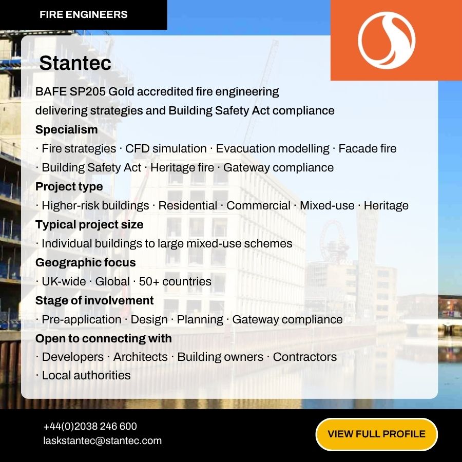Stantec Fire Engineers BAFE SP205 Gold accredited firm specializing in fire strategies, CFD simulation, and Building Safety Act compliance.