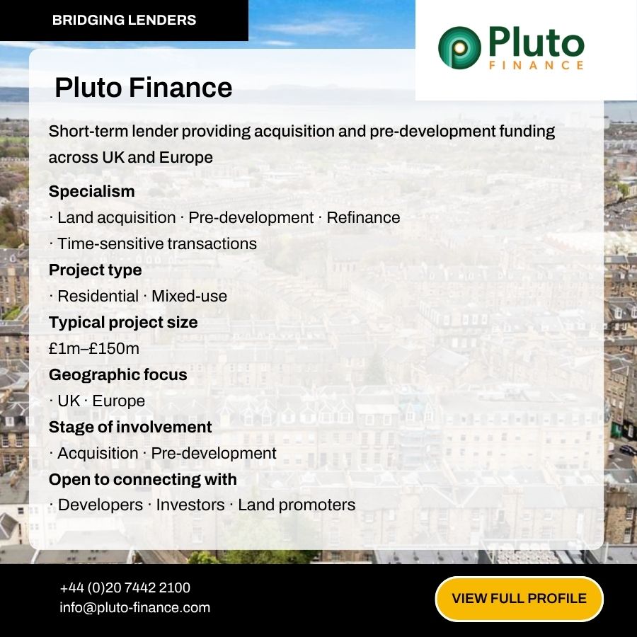 Pluto Finance bridging lender profile card showing specialisms, project types, and contact details for UK and Europe funding.
