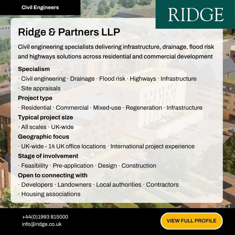 Ridge & Partners LLP civil engineering firm profile card showing specialisms, project types, and UK-wide geographic focus.