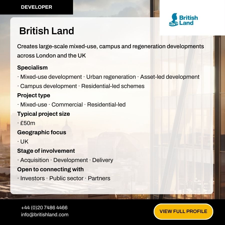British Land developer profile card showing specialisms, project types, and contact details for UK mixed-use developments.