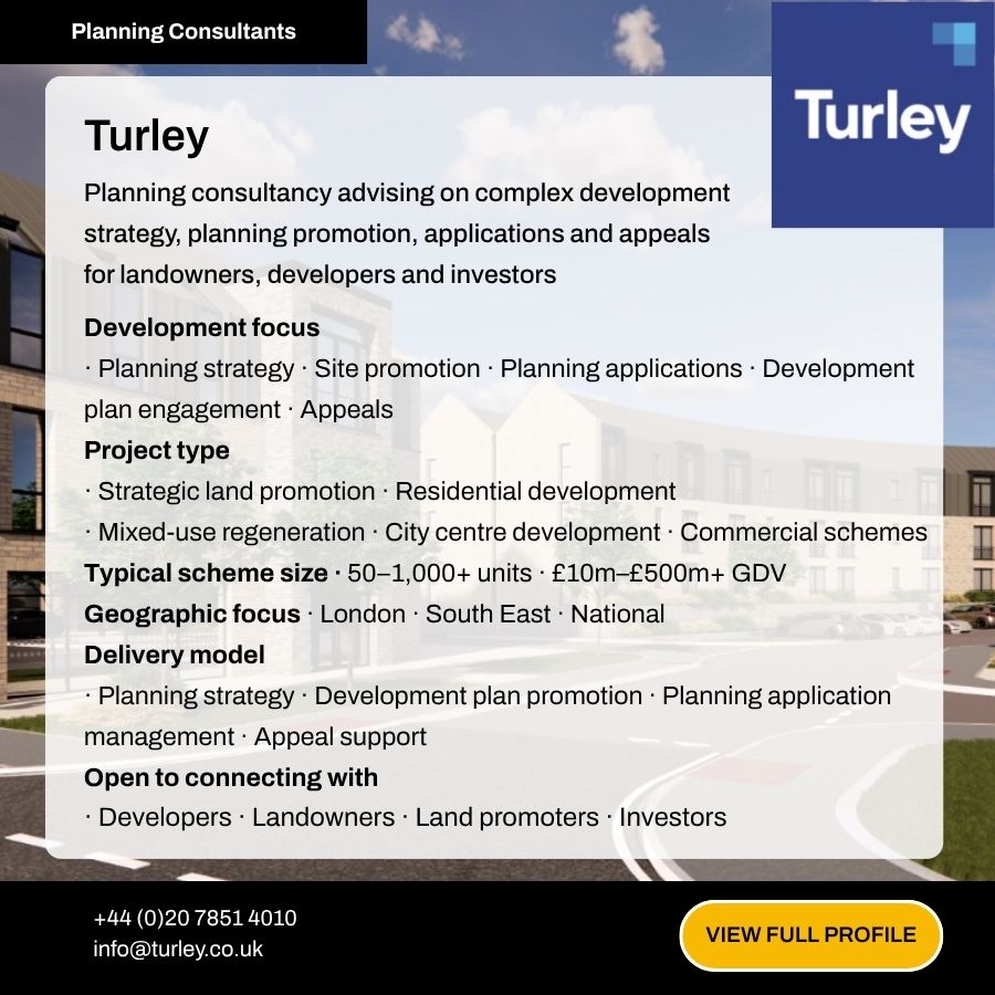 Turley planning consultancy profile card showing services, project types, and contact details on a blue and white background.