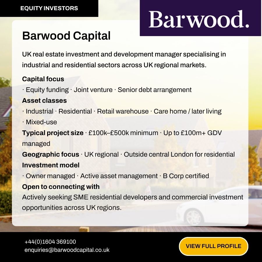 Barwood Capital equity investors profile highlighting UK real estate investment focus, asset classes, and contact details.