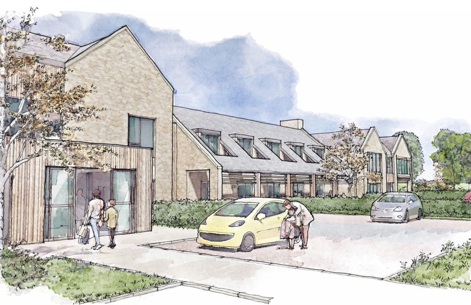 Architectural rendering of modern residential housing development with brick facades, sloped roofs, and parking area on a sunny day.