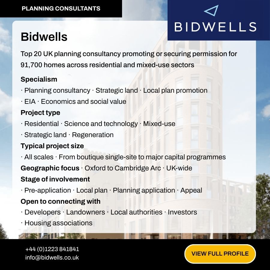 Bidwells planning consultancy profile card highlighting UK-wide services, specialisms, and contact details for top 20 planning firm.