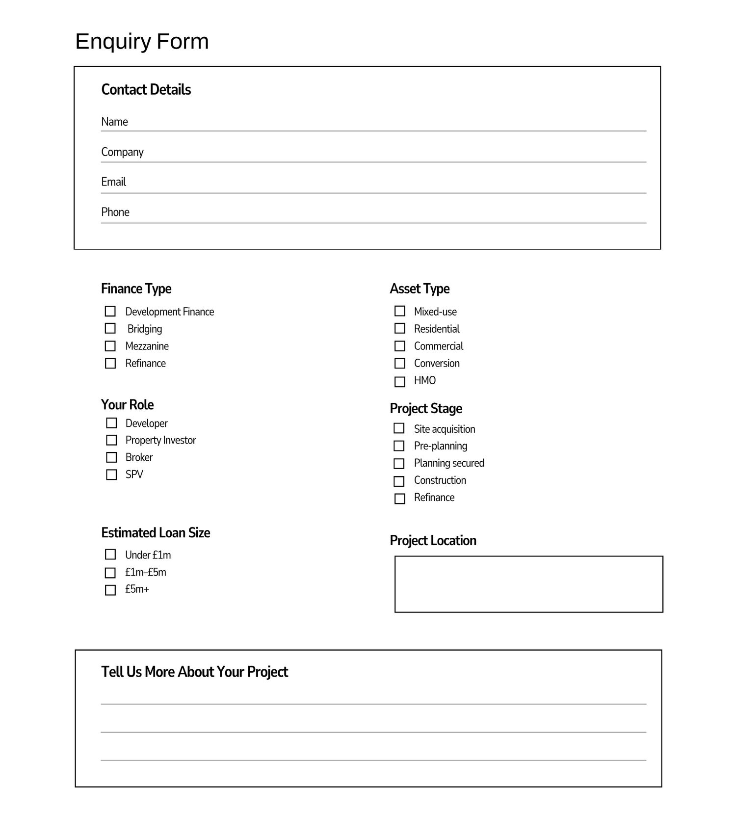 A blank enquiry form with fields for contact details, finance type, asset type, project stage, and project description.