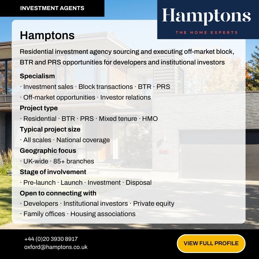 Hamptons Investment Agents profile card showcasing residential BTR, PRS, and block investment services with UK-wide coverage.