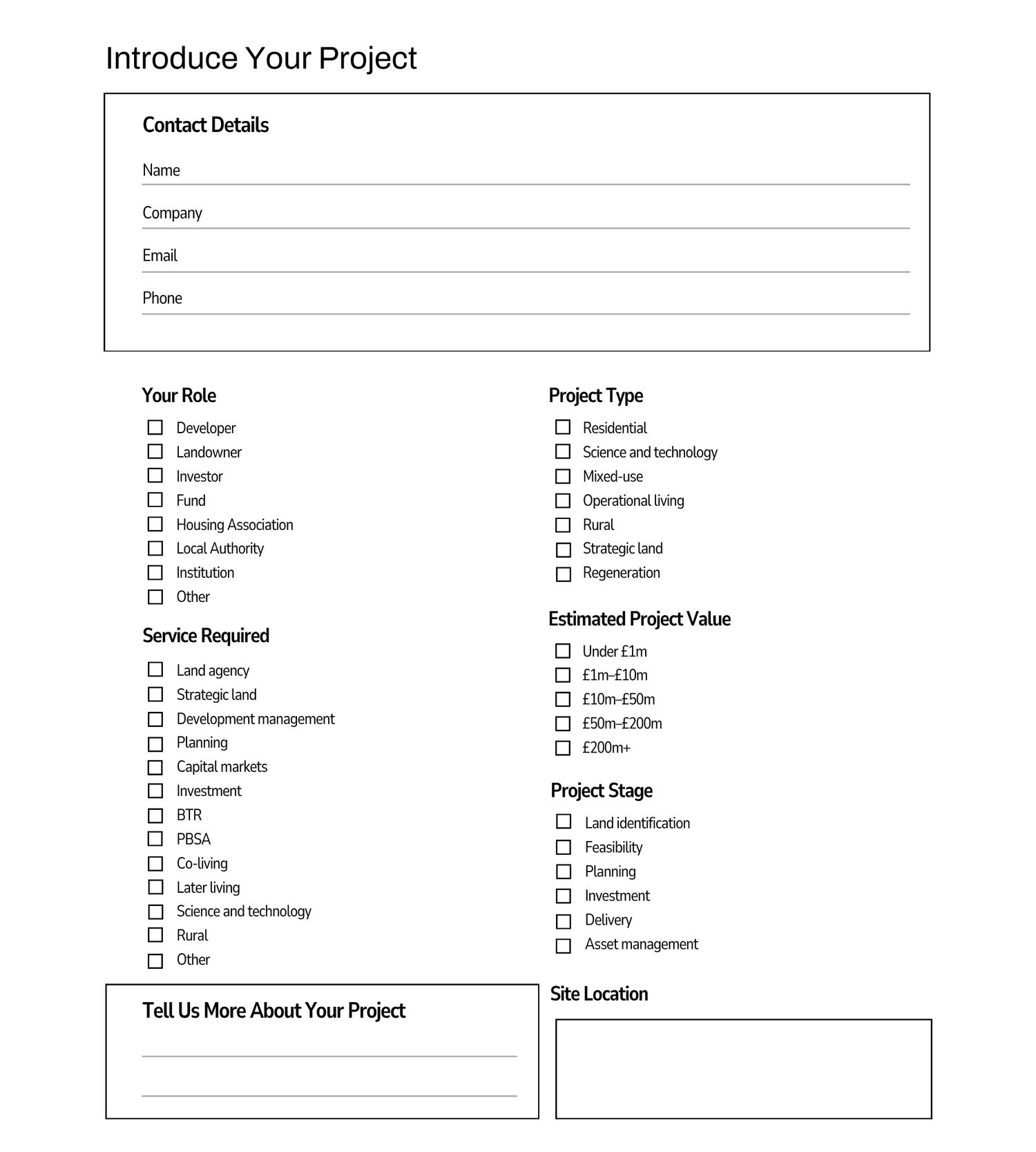 Project introduction form with contact details, role, service, project type, value, stage, site location fields.
