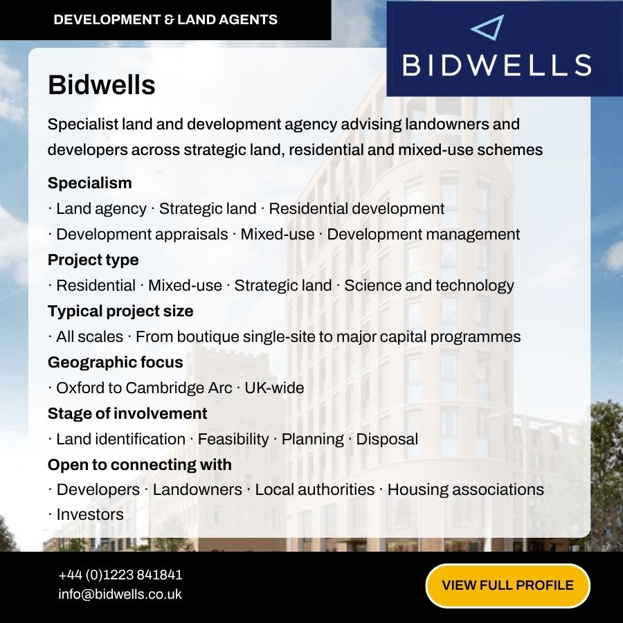 Bidwells specialist land and development agency profile card showing services, project types, and contact information.