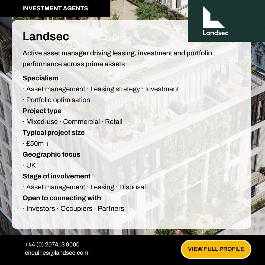 Landsec investment agents profile card showing specialisms, project types, and contact details for UK asset management.