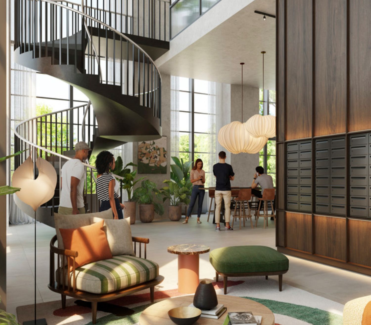 Modern apartment lobby with spiral staircase, pendant lights, lush plants, and residents socializing near mailboxes.